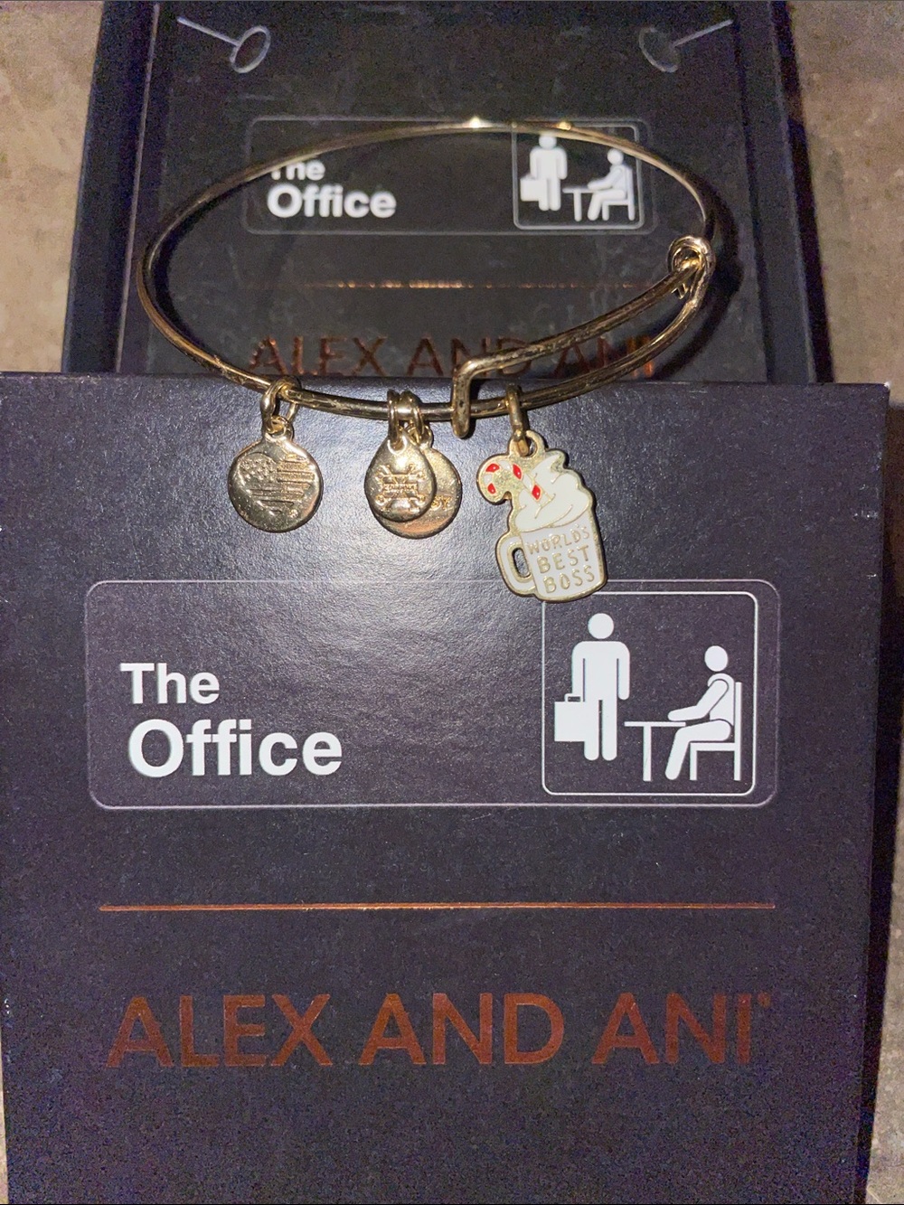Alex and Ani The Office Gold Tone 'World's Best Boss' Mug Charm Bangle Bracelet - Picture 1 of 2